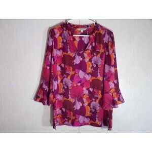 The Pioneer Woman Blouse Top L V Neck Long Bell Sleeve Floral Pink Orange Office